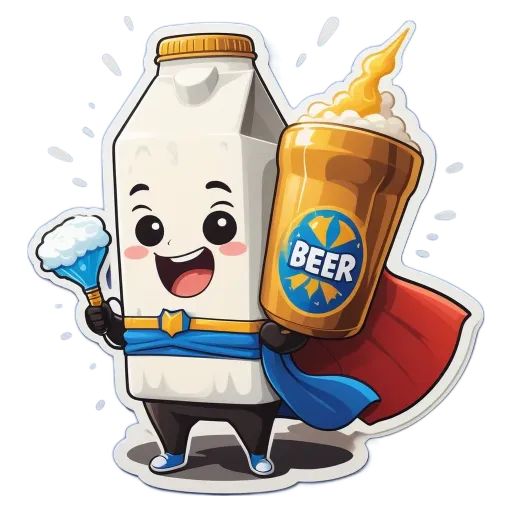 A cartoon depiction of a carton of milk holding a beer.