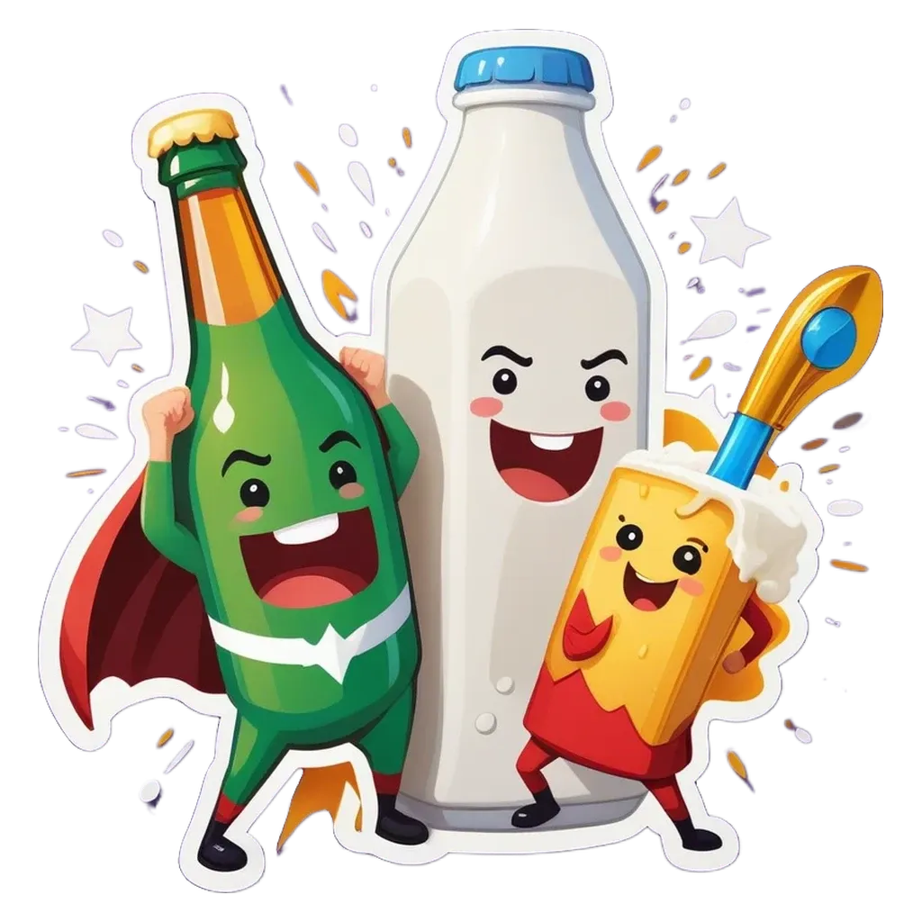 Cartoons of a milk bottle, a beer bottle and a cup that are super hero.