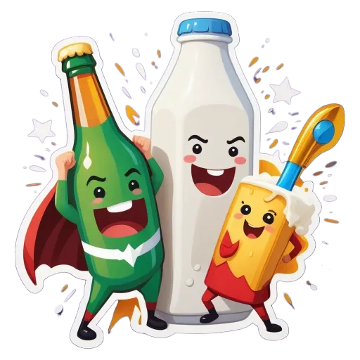 Cartoons of a milk bottle, a beer bottle and a cup that are super hero.