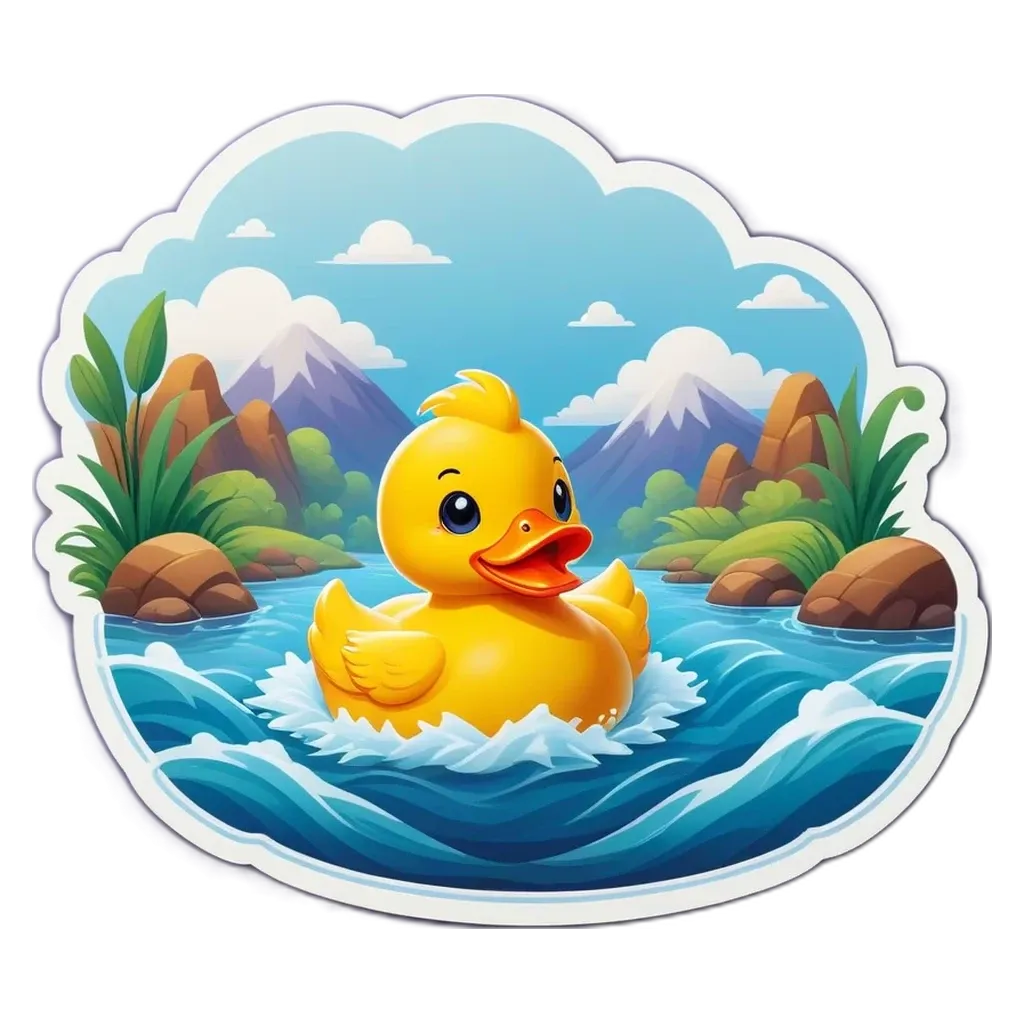 A sticker of a rubber duck in a river.