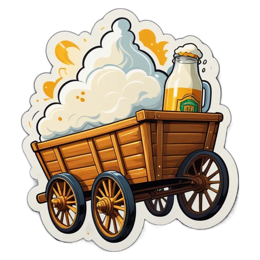 A cartoon depiction of a cart being pulled by a horse with a jug of ale on the back.