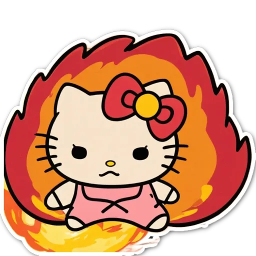 Hello kitty is in a scary situation with a fire all around her.