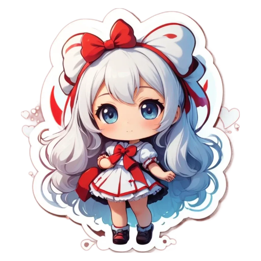 A girl with white hair and a red bow on her dress.