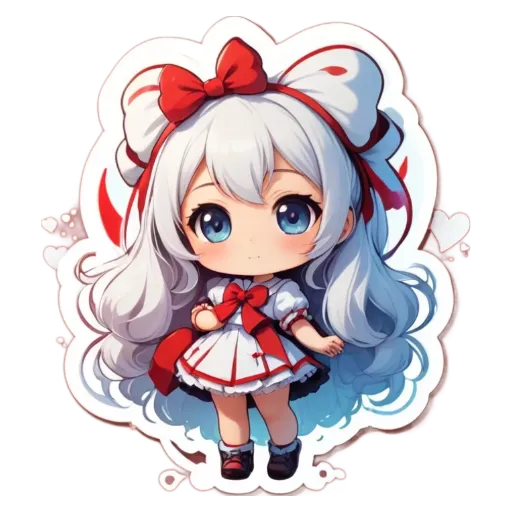 A girl with white hair and a red bow on her dress.