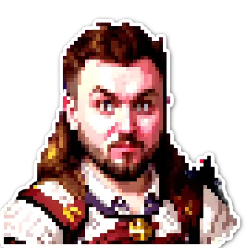 A pixelated portrait of a man with a beard.