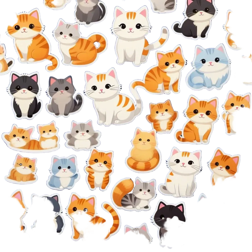 A collection of cat stickers are displayed on a dark blue background.