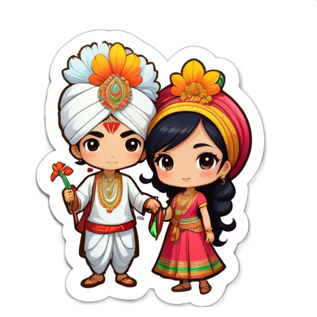 A cartoon picture of a man and woman wearing traditional Indian clothing.