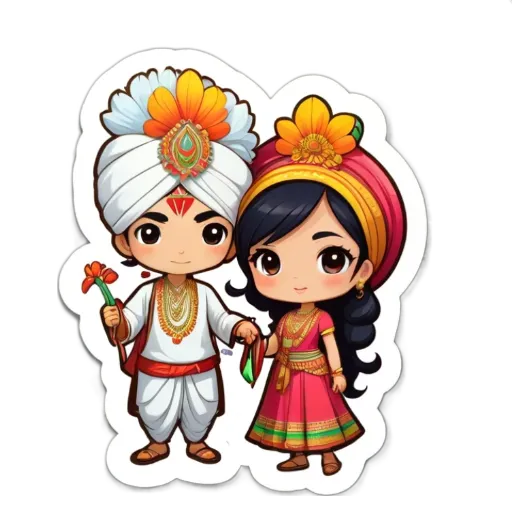 A cartoon picture of a man and woman wearing traditional Indian clothing.