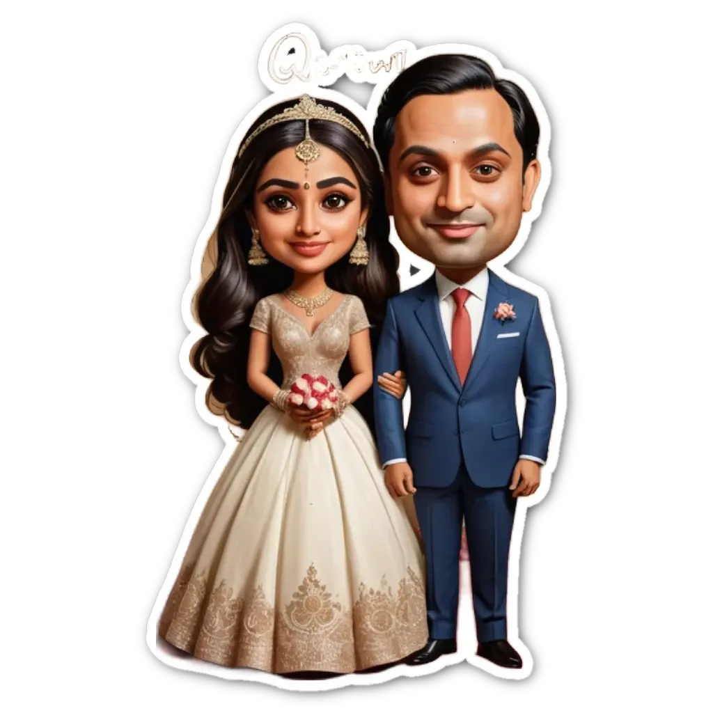 A cartoonish drawing of a man and woman with wedding attire.