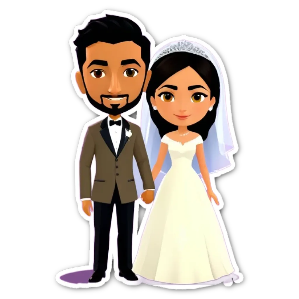 A cartoon picture of a bride and groom wearing wedding attire.