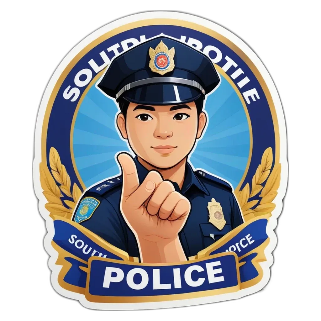 A boy in a police uniform pointing his finger.