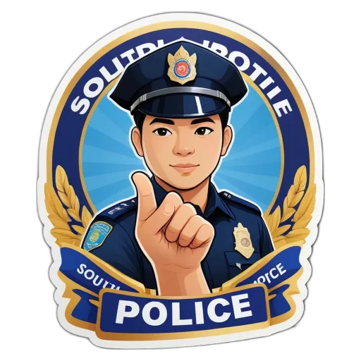 A boy in a police uniform pointing his finger.