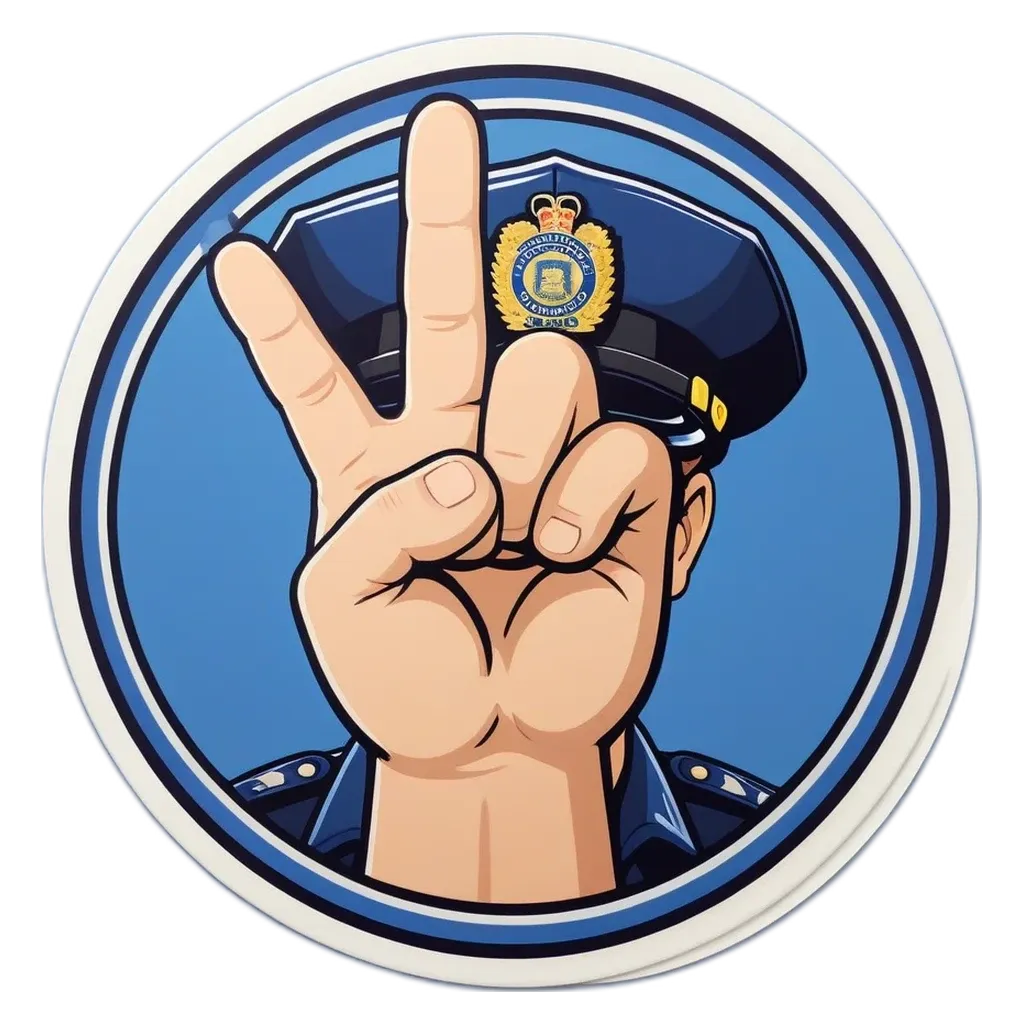 A hand peace sign by a police officer in a blue hat.