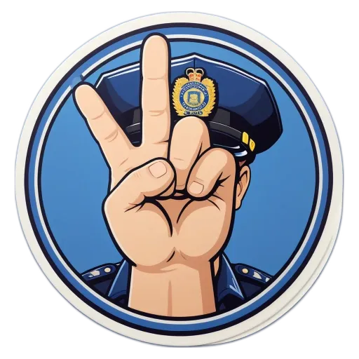 A hand peace sign by a police officer in a blue hat.