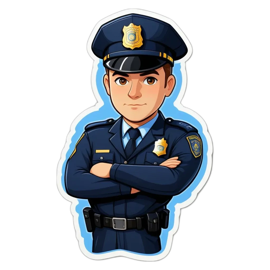 A cartoon police officer with a hat and a blue shirt.