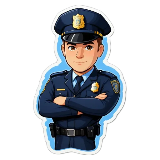 A cartoon police officer with a hat and a blue shirt.