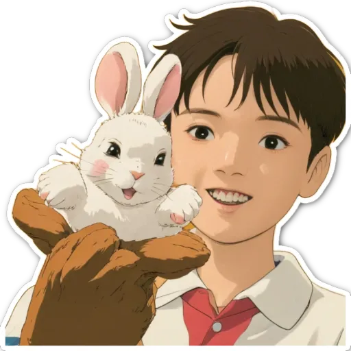 A boy holding a rabbit is in a white background.