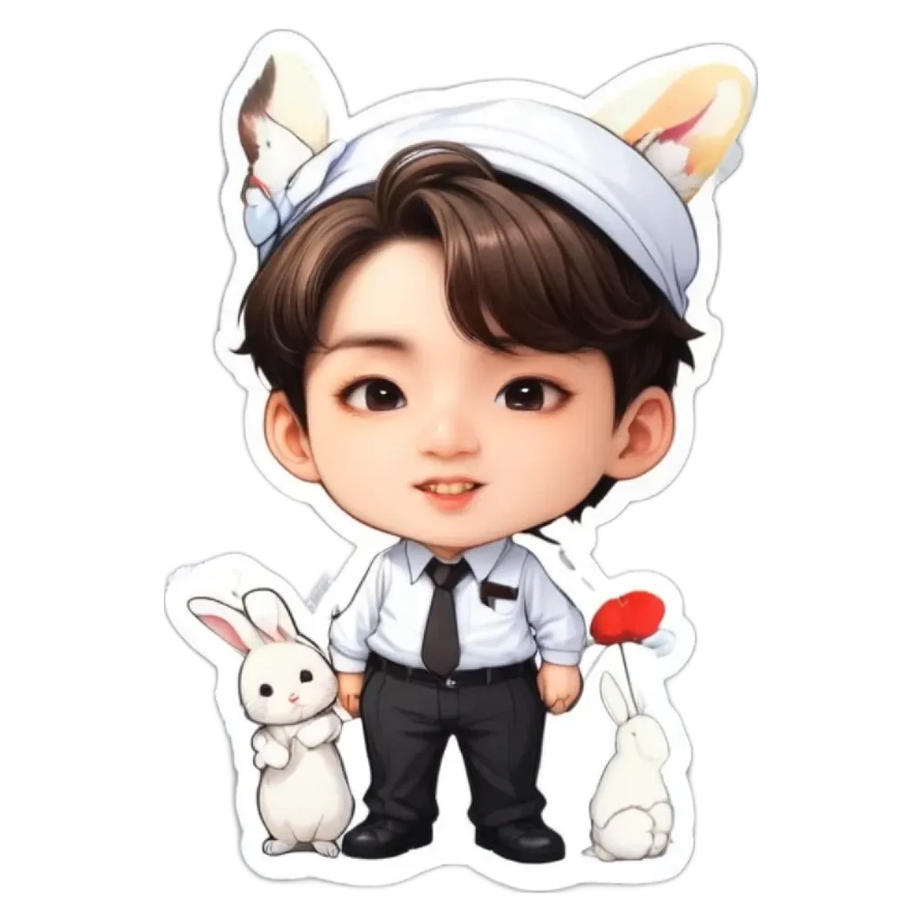 A boy is standing with his rabbits and a heart shaped sticker.