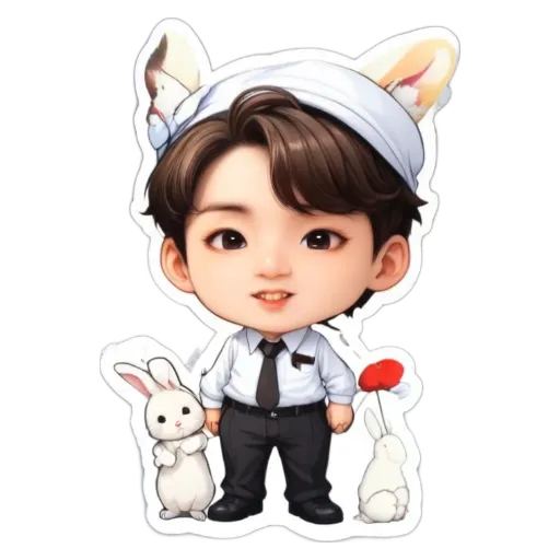 A boy is standing with his rabbits and a heart shaped sticker.