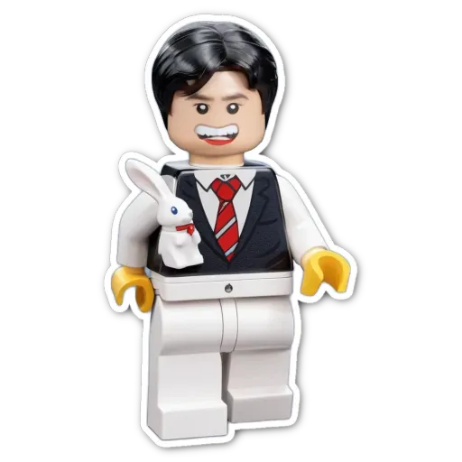 A lego man holding a rabbit and a tie.