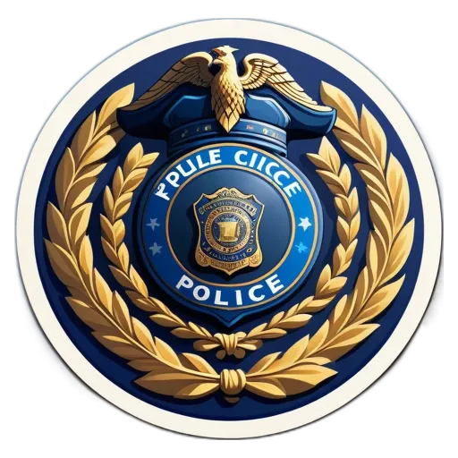 A round logo of a police department with a eagle and leaves.