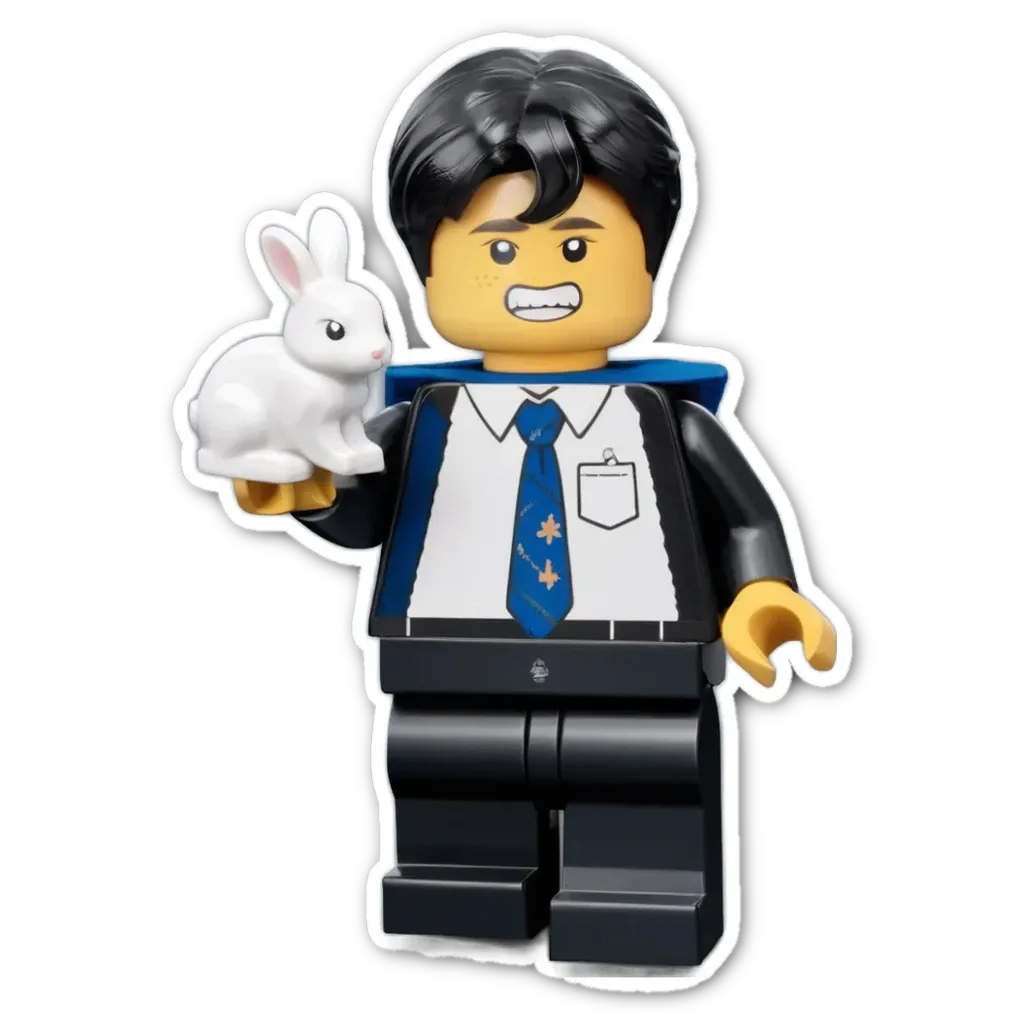 A lego person holding a rabbit with a black tie.