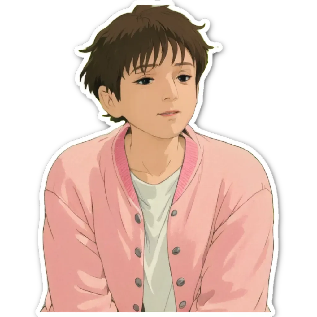 A boy wearing a pink jacket is sitting down.