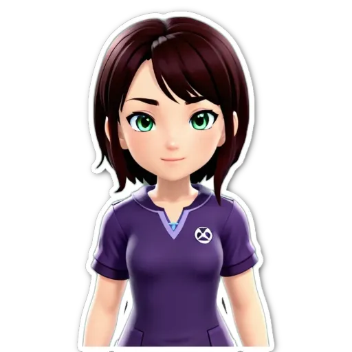 A sticker of a girl with green eyes and a purple shirt.