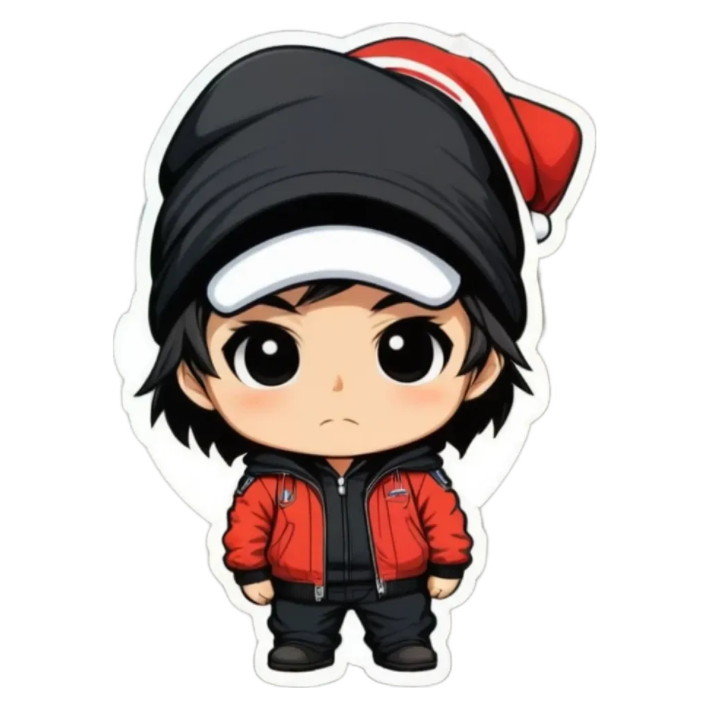 A boy wearing a red jacket and a black hat with a Santa Claus on it.