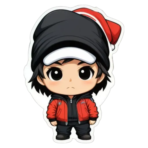 A boy wearing a red jacket and a black hat with a Santa Claus on it.