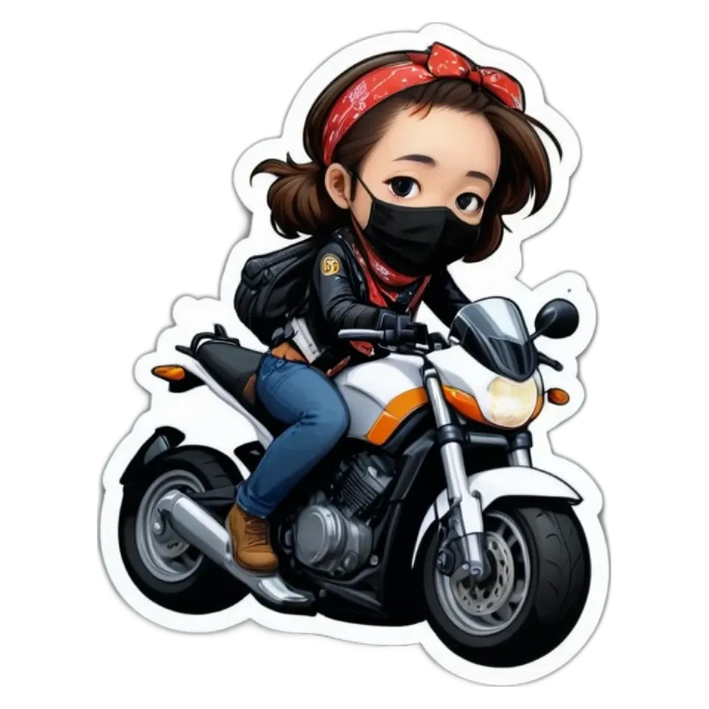 A girl riding a motorcycle with a black mask on her face.