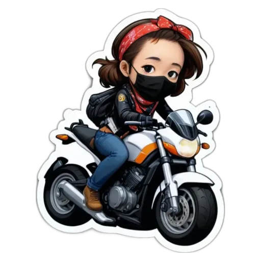 A girl riding a motorcycle with a black mask on her face.