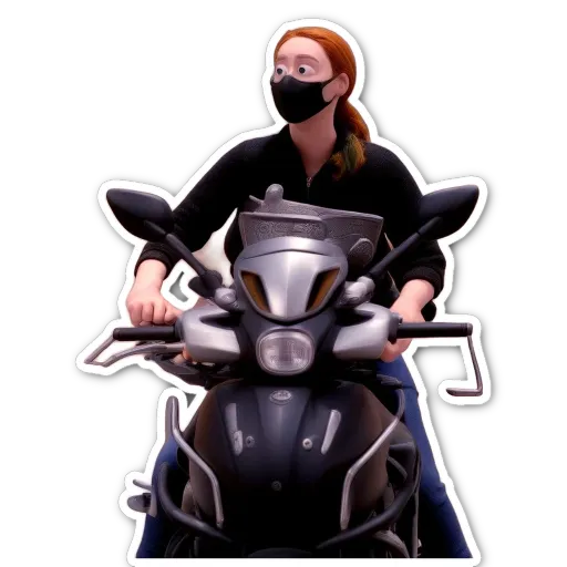 A girl with a mask on her head riding a motorcycle.