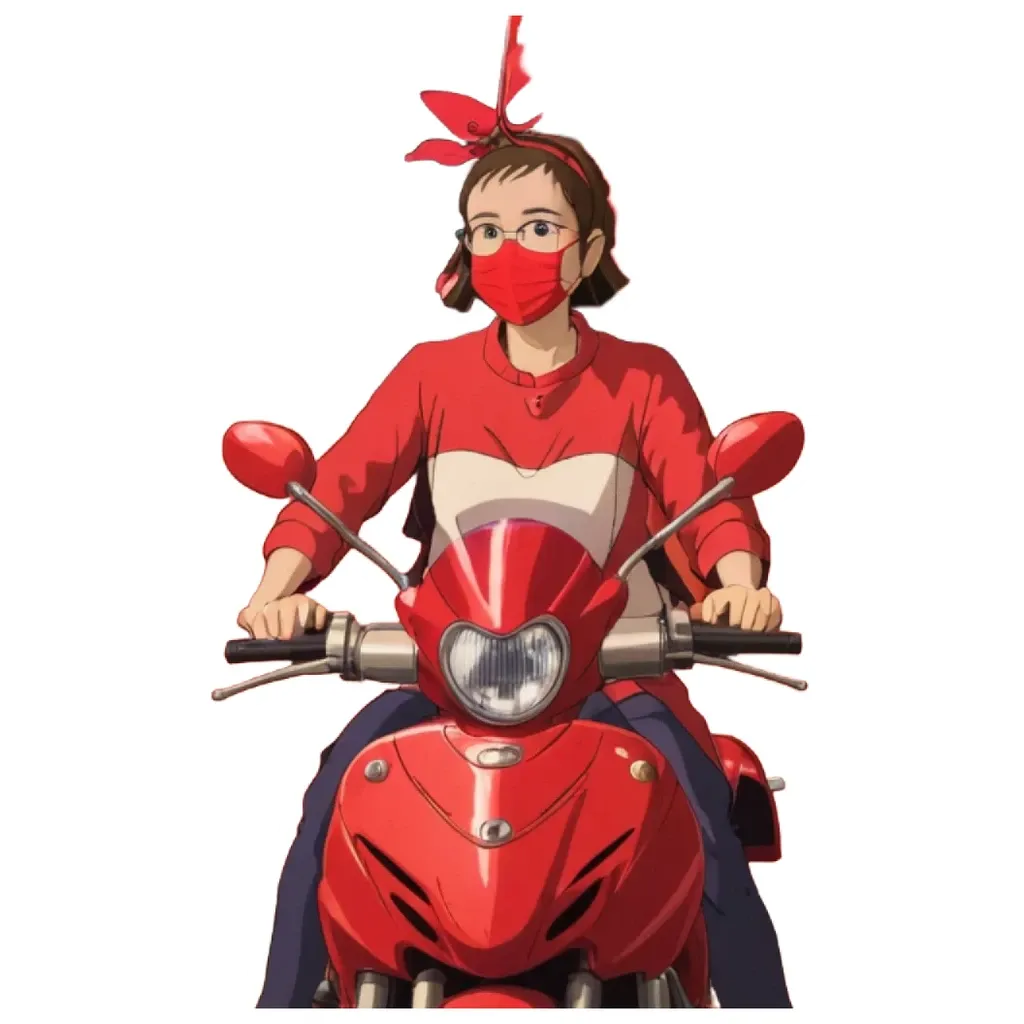 A girl with a face mask on and riding a moped.