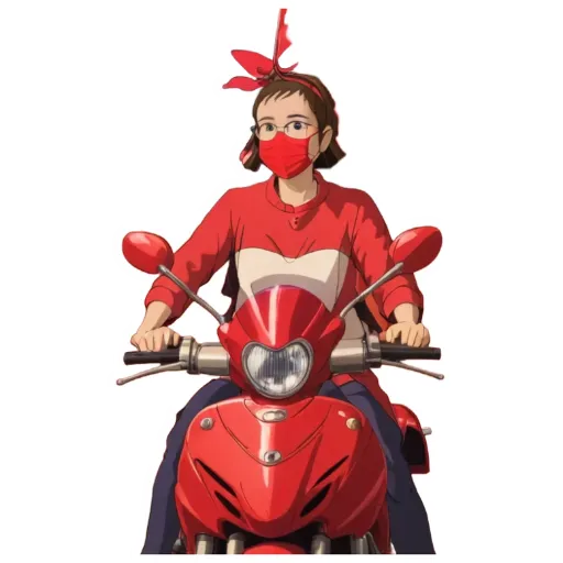 A girl with a face mask on and riding a moped.