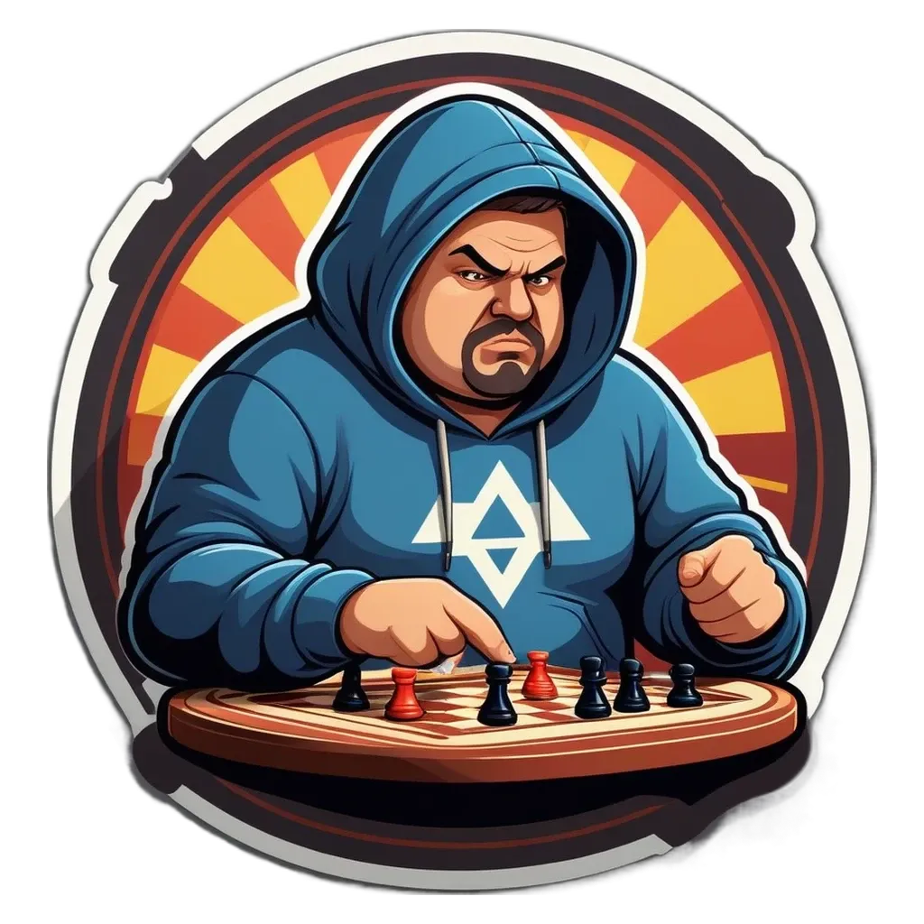 A man is playing a game of chess and wearing a blue hoodie.