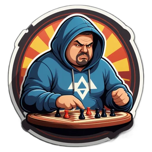 A man is playing a game of chess and wearing a blue hoodie.