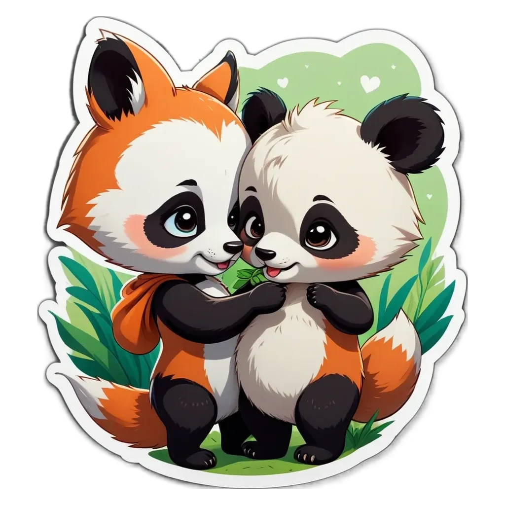 A fox and a panda bear are hugging each other.