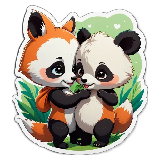 A fox and a panda bear are hugging each other.