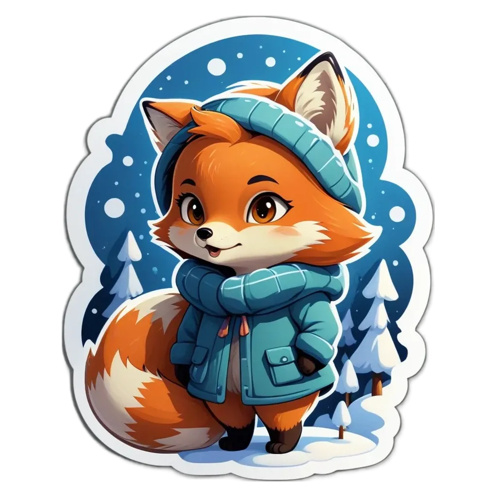 A fox in a blue coat standing in the snow.