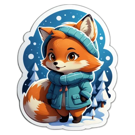 A fox in a blue coat standing in the snow.