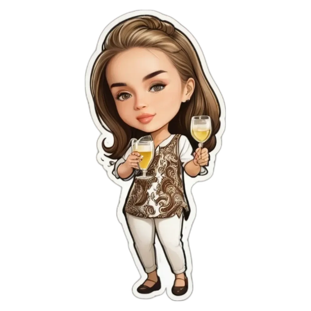 A cartoon girl holding a glass of wine.