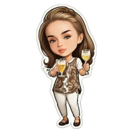 A cartoon girl holding a glass of wine.