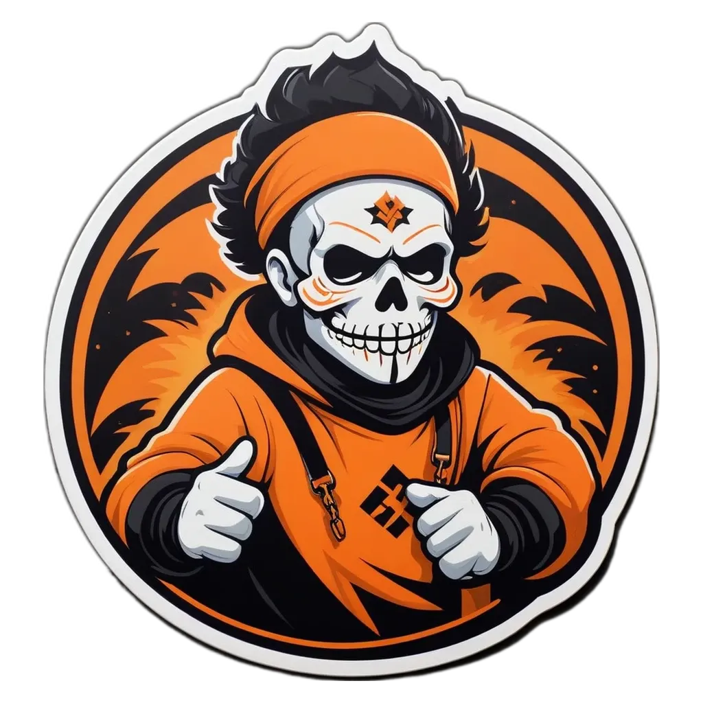 A skeleton wearing an orange hoodie and headband.