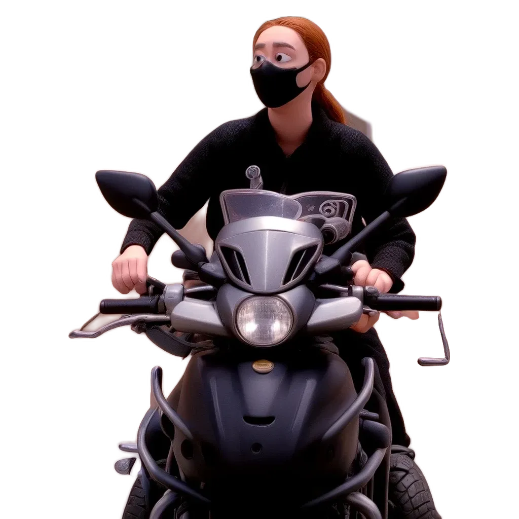 A woman wearing a black face mask is sitting on a motorcycle.