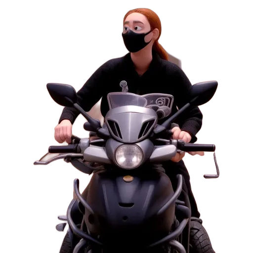 A woman wearing a black face mask is sitting on a motorcycle.