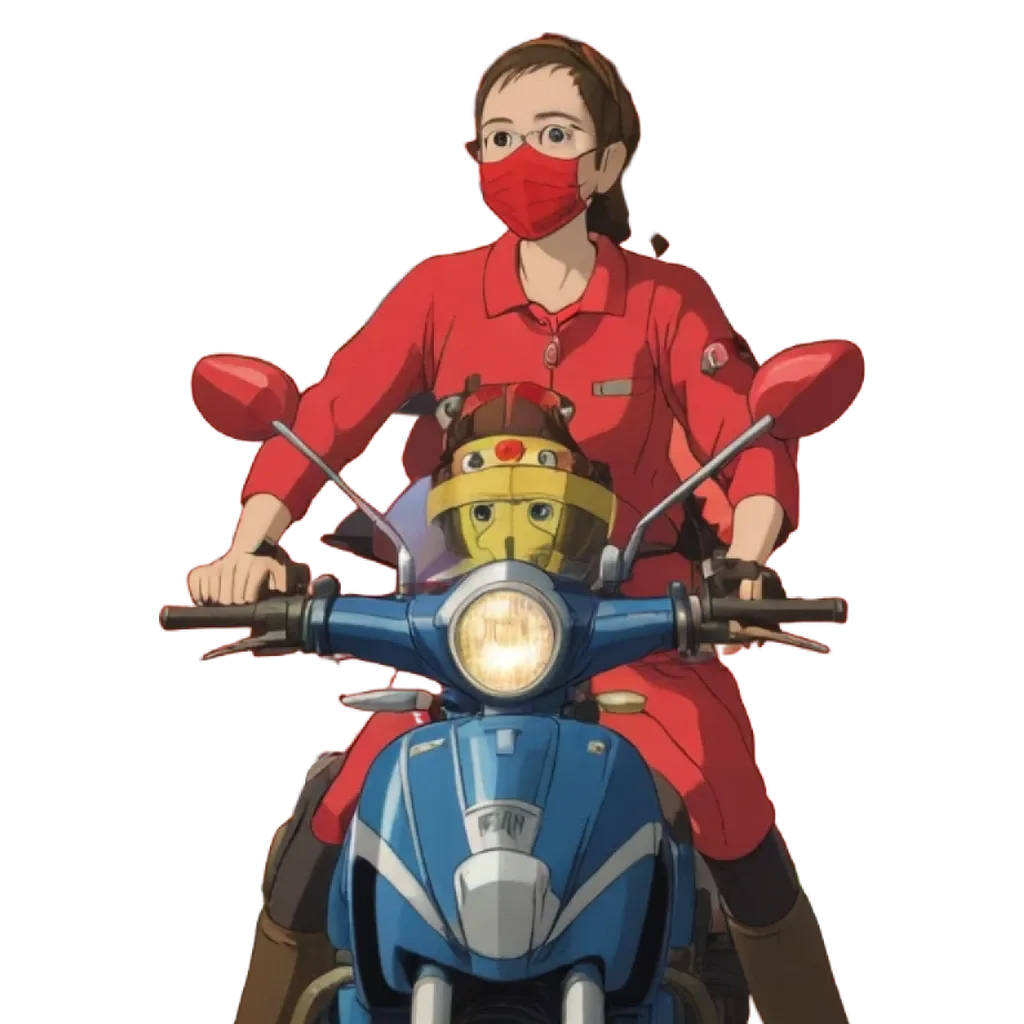 A woman who is riding a motorcycle with a face mask on.