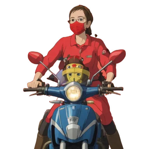 A woman who is riding a motorcycle with a face mask on.