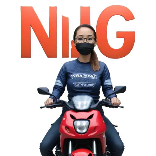 A girl on a motorcycle wearing a blue shirt that says NILG.