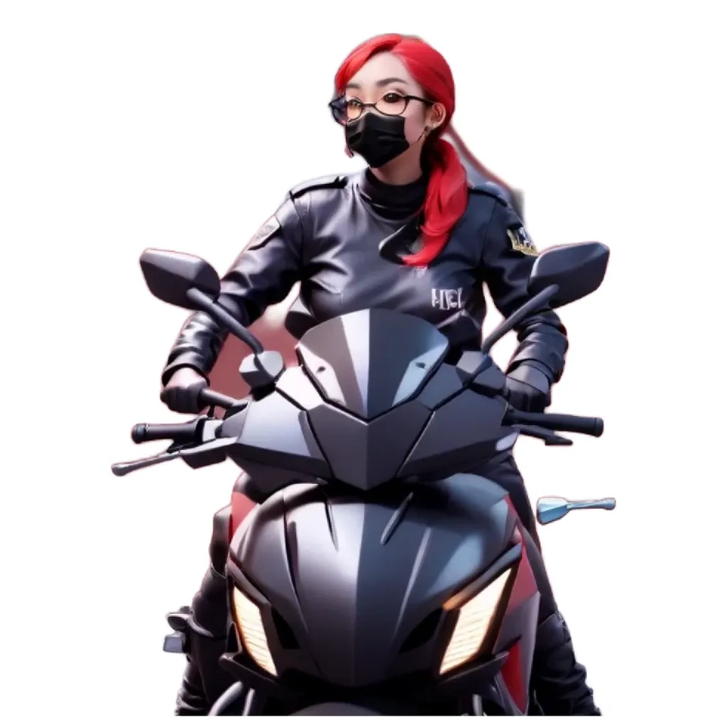 A girl with a mask on her head riding a motorcycle.